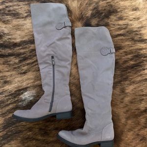 Grey knee high boots